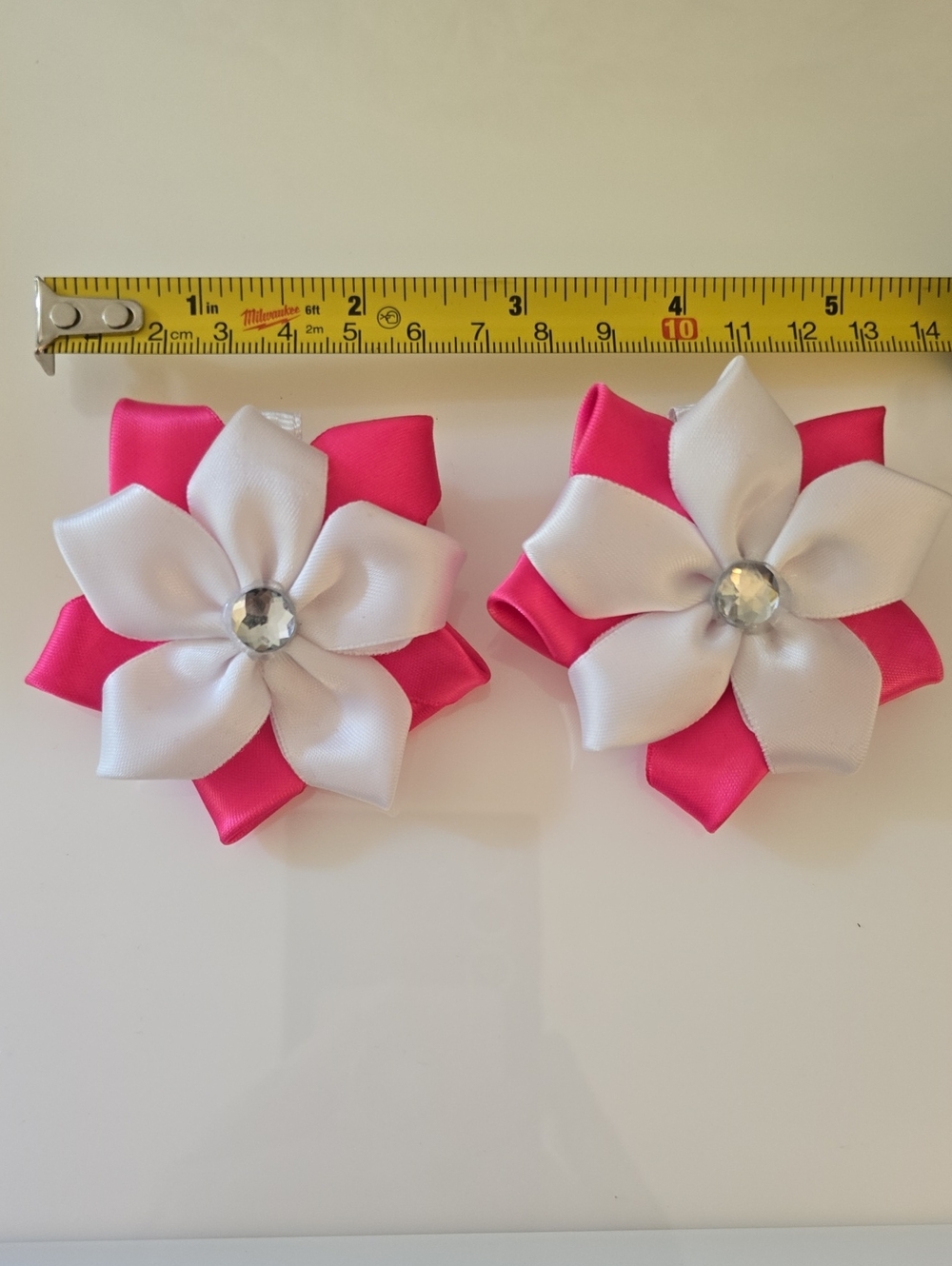 Handmade, Pink and White Satin Ribbon Flower Hair Clips for Kids - Pair